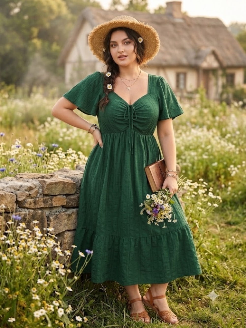 Cottagecore Emerald Green Tiered Midi Dress Sweetheart Boho Milkmaid Plus